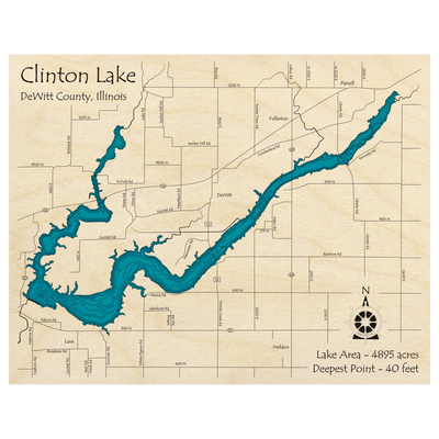Bathymetric topo map of Clinton Lake, IL with roads, towns and depths noted in blue water.