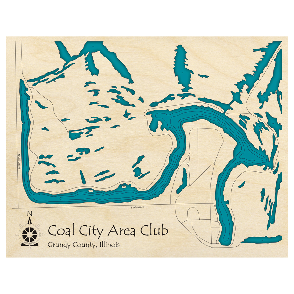 Bathymetric topo map of Coal City Area Club, IL with roads, towns and depths noted in blue water.