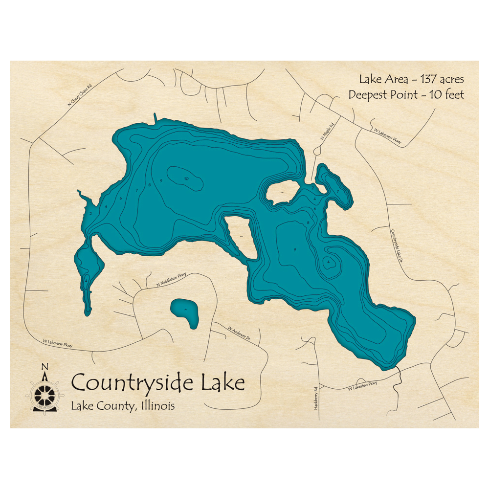 Bathymetric topo map of Countryside Lake, IL with roads, towns and depths noted in blue water.