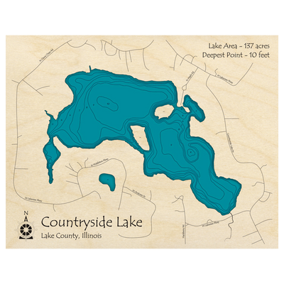 Bathymetric topo map of Countryside Lake, IL with roads, towns and depths noted in blue water.