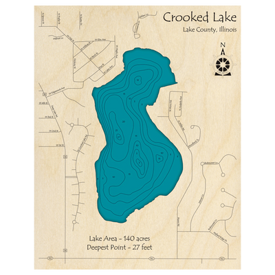 Bathymetric topo map of Crooked Lake, IL with roads, towns and depths noted in blue water.