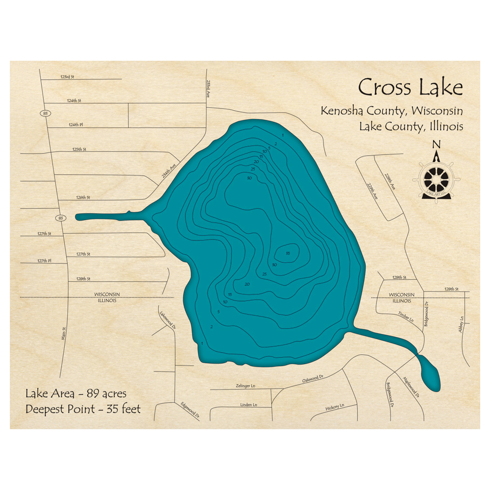 Bathymetric topo map of Cross Lake (IL, WI) with roads, towns and depths noted in blue water.