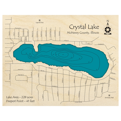 Bathymetric topo map of Crystal Lake, IL with roads, towns and depths noted in blue water.