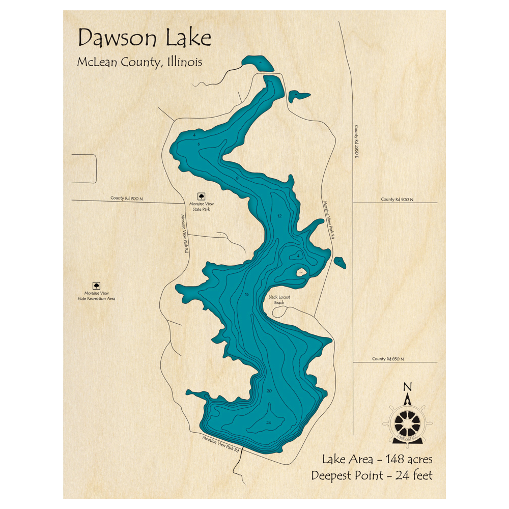 Bathymetric topo map of Dawson Lake, IL with roads, towns and depths noted in blue water.
