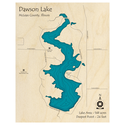 Bathymetric topo map of Dawson Lake, IL with roads, towns and depths noted in blue water.