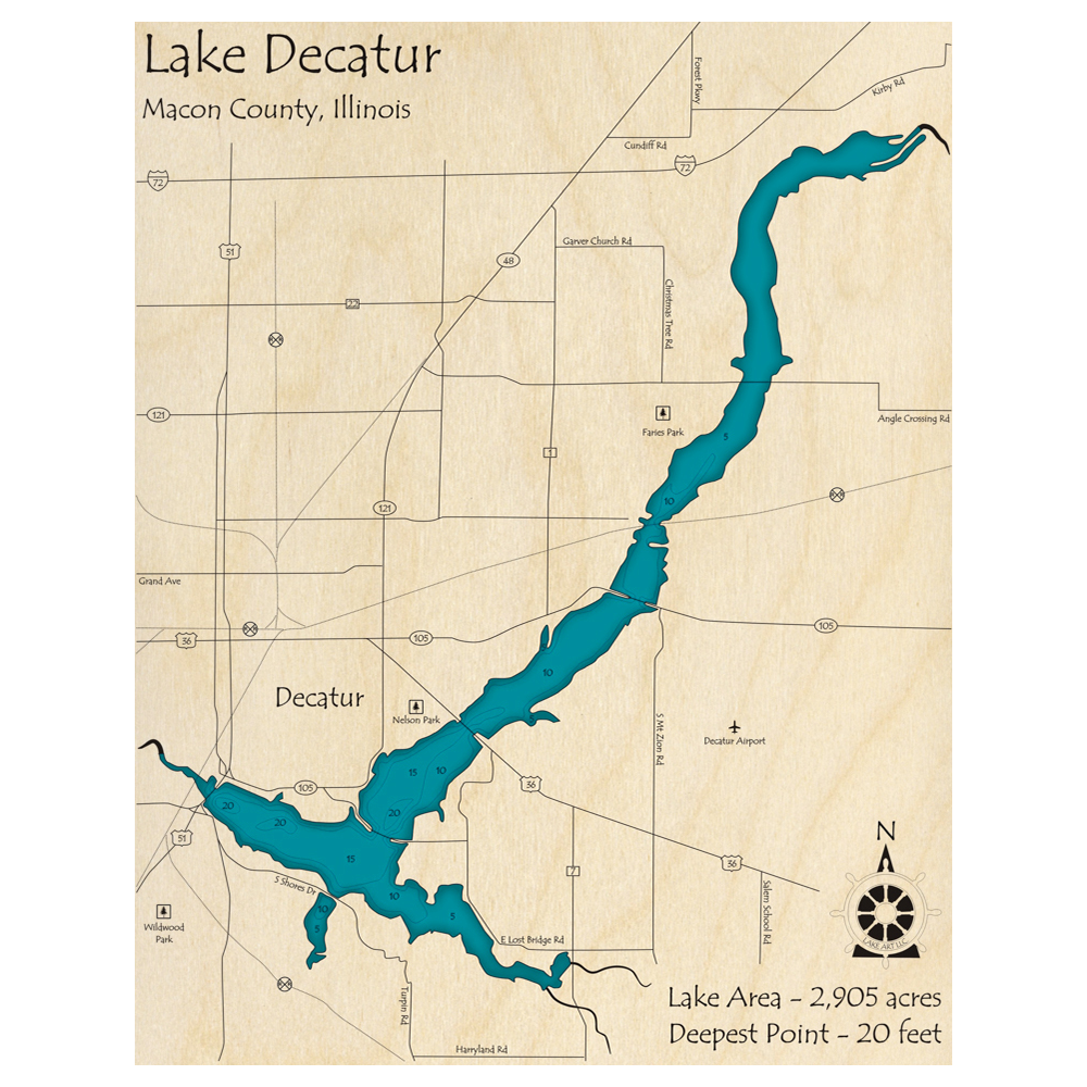 Lake Decatur, Illinois 3D Custom Wood Map – Lake Art LLC