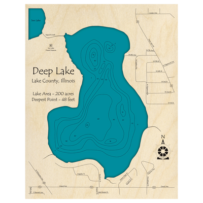 Bathymetric topo map of Deep Lake, IL with roads, towns and depths noted in blue water.