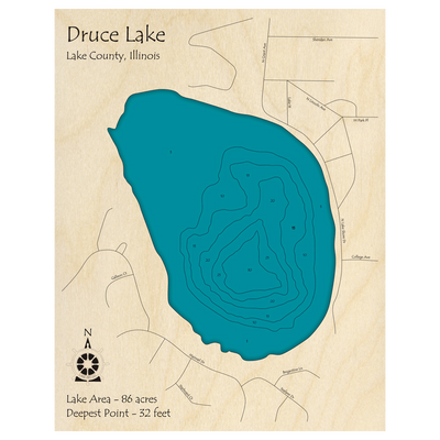Bathymetric topo map of Druce Lake, IL with roads, towns and depths noted in blue water.