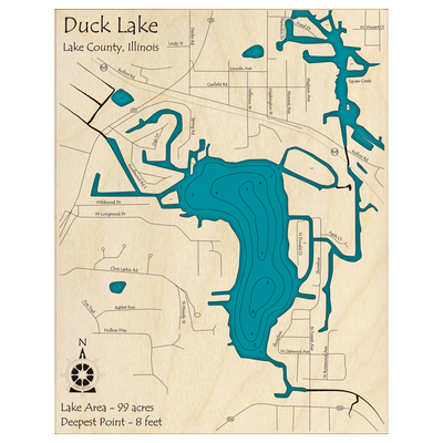 Bathymetric topo map of Duck Lake, IL with roads, towns and depths noted in blue water.