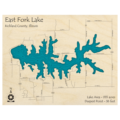 Bathymetric topo map of East Fork Lake, IL with roads, towns and depths noted in blue water.