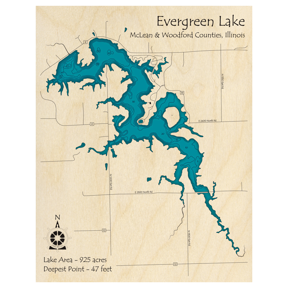 Bathymetric topo map of Evergreen Lake, IL with roads, towns and depths noted in blue water.