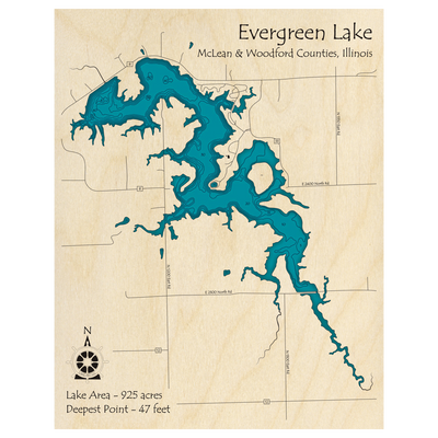 Bathymetric topo map of Evergreen Lake, IL with roads, towns and depths noted in blue water.