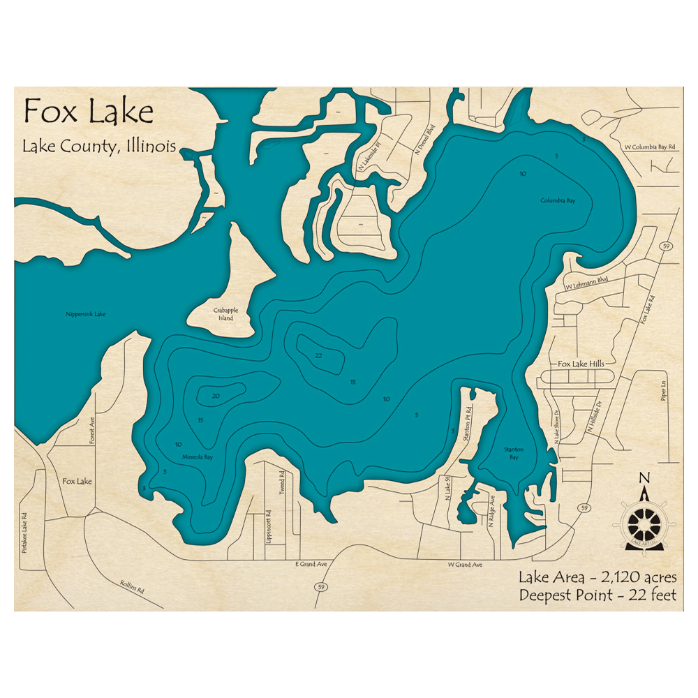 Bathymetric topo map of Fox Lake, IL with roads, towns and depths noted in blue water.