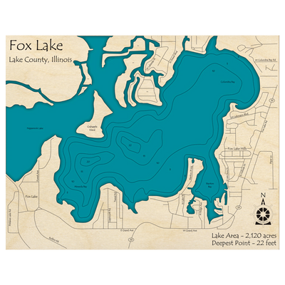 Bathymetric topo map of Fox Lake, IL with roads, towns and depths noted in blue water.