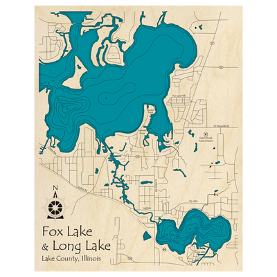 Bathymetric topo map of Fox Lake and Long Lake, IL with roads, towns and depths noted in blue water.