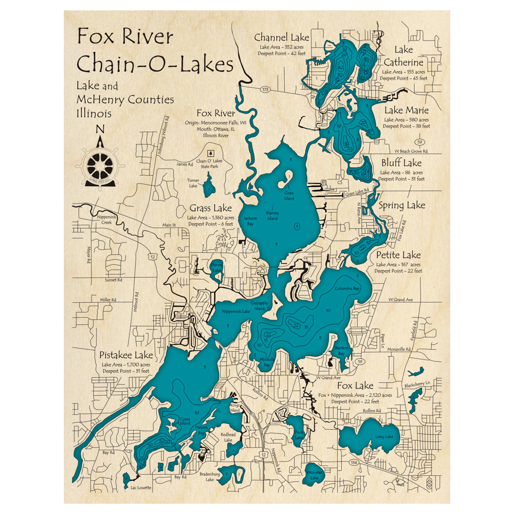 Bathymetric topo map of Fox River Chain-O-Lakes, IL with roads, towns and depths noted in blue water.