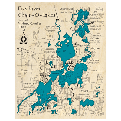 Bathymetric topo map of Fox River Chain-O-Lakes, IL with roads, towns and depths noted in blue water.