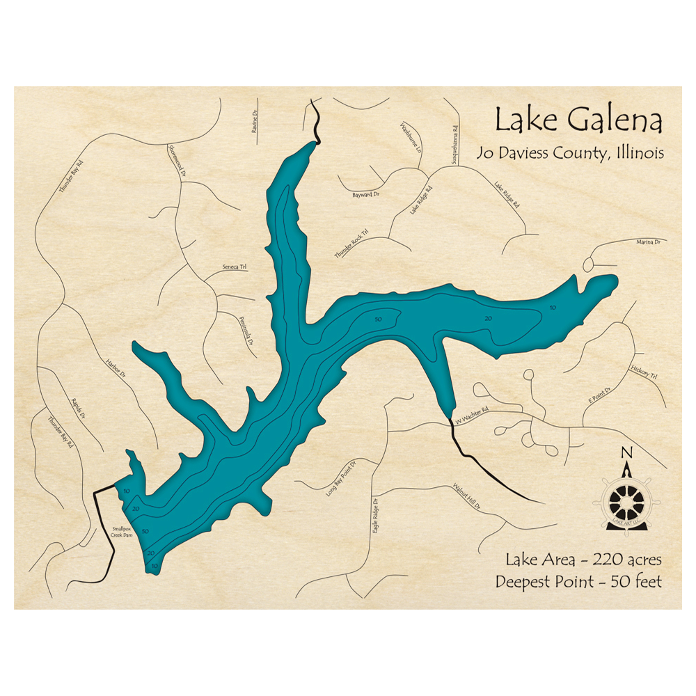 Bathymetric topo map of Lake Galena, IL with roads, towns and depths noted in blue water.