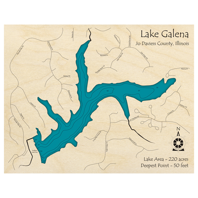 Bathymetric topo map of Lake Galena, IL with roads, towns and depths noted in blue water.
