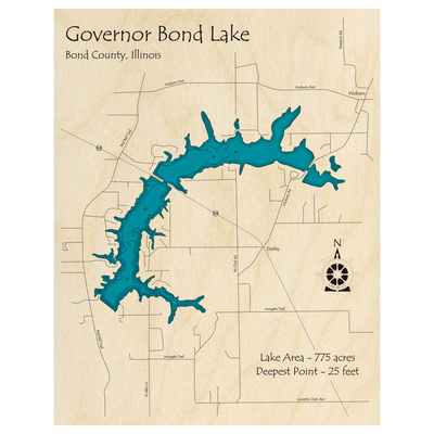 Bathymetric topo map of Governor Bond Lake, IL with roads, towns and depths noted in blue water.
