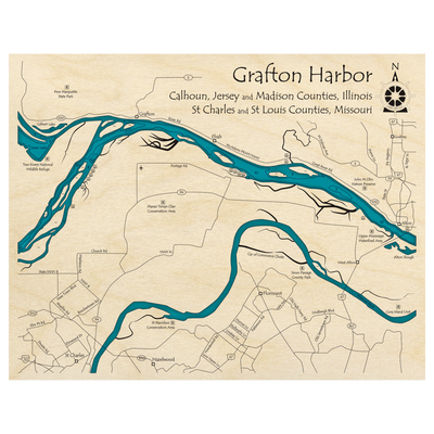 Bathymetric topo map of Grafton Harbor Region (IL, MO) with roads, towns and depths noted in blue water.