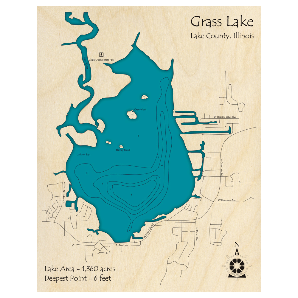 Bathymetric topo map of Grass Lake, IL with roads, towns and depths noted in blue water.