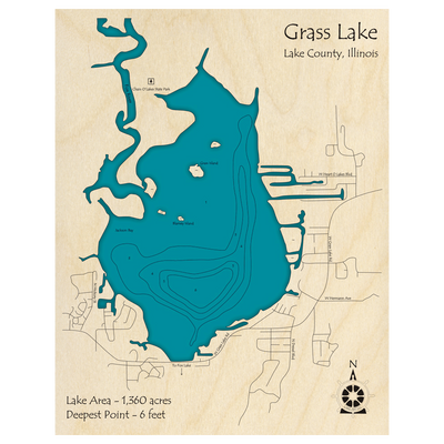 Bathymetric topo map of Grass Lake, IL with roads, towns and depths noted in blue water.