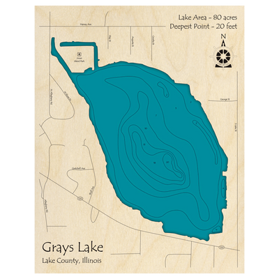 Bathymetric topo map of Grays Lake, IL with roads, towns and depths noted in blue water.