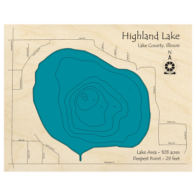 Bathymetric topo map of Highland Lake, IL with roads, towns and depths noted in blue water.
