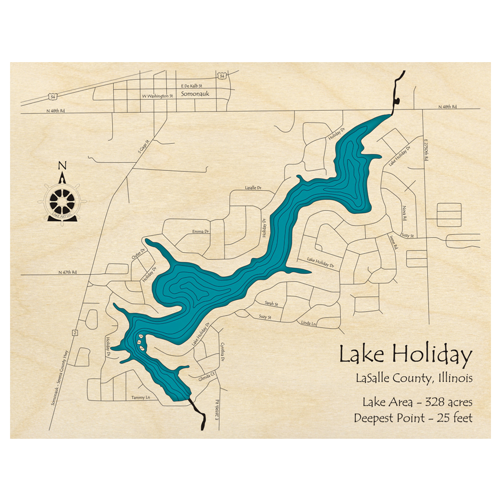 Bathymetric topo map of Lake Holiday, IL with roads, towns and depths noted in blue water.