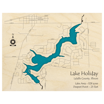 Bathymetric topo map of Lake Holiday, IL with roads, towns and depths noted in blue water.