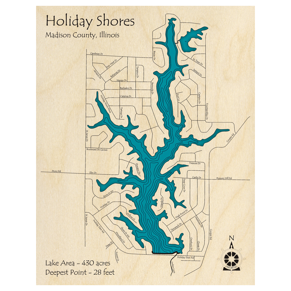 Bathymetric topo map of Holiday Shores, IL with roads, towns and depths noted in blue water.