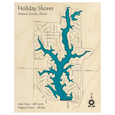 Bathymetric topo map of Holiday Shores, IL with roads, towns and depths noted in blue water.