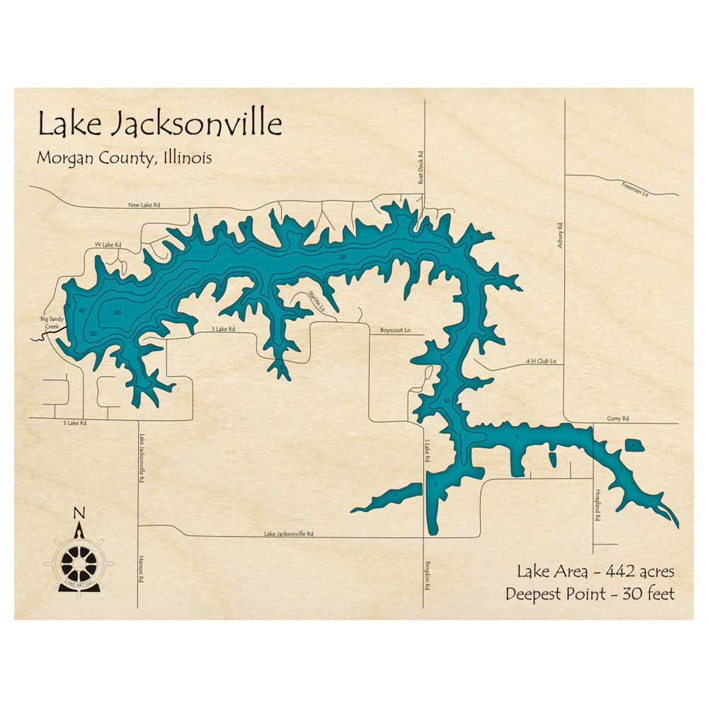 Bathymetric topo map of Lake Jacksonville, IL with roads, towns and depths noted in blue water.
