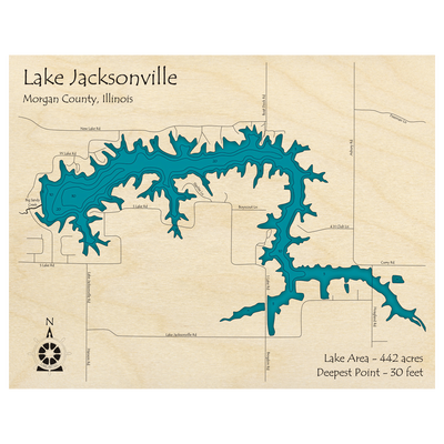 Bathymetric topo map of Lake Jacksonville, IL with roads, towns and depths noted in blue water.