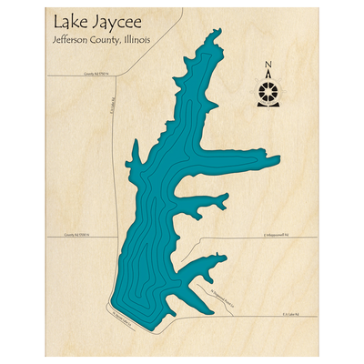 Bathymetric topo map of Jaycee Lake, IL with roads, towns and depths noted in blue water.