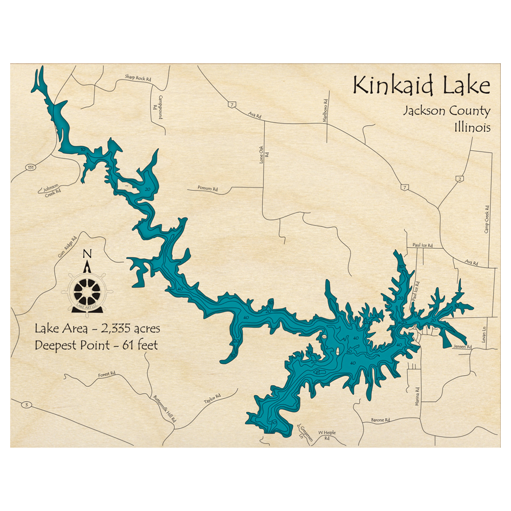 Bathymetric topo map of Kinkaid Lake, IL with roads, towns and depths noted in blue water.