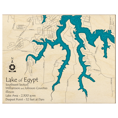 Bathymetric topo map of Lake of Egypt, IL with roads, towns and depths noted in blue water.