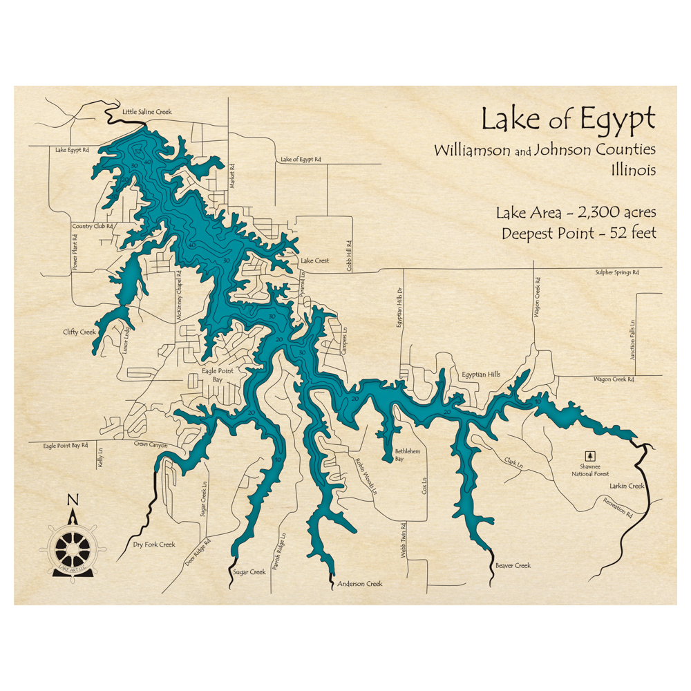 Bathymetric topo map of Lake of Egypt, IL with roads, towns and depths noted in blue water.
