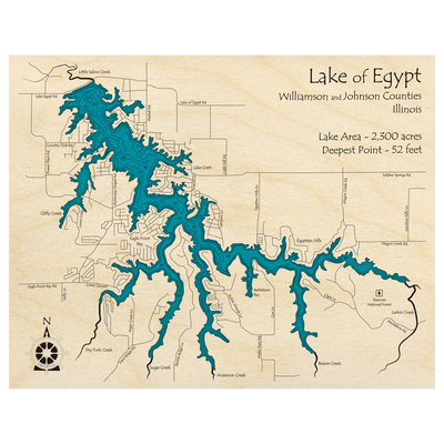 Bathymetric topo map of Lake of Egypt, IL with roads, towns and depths noted in blue water.