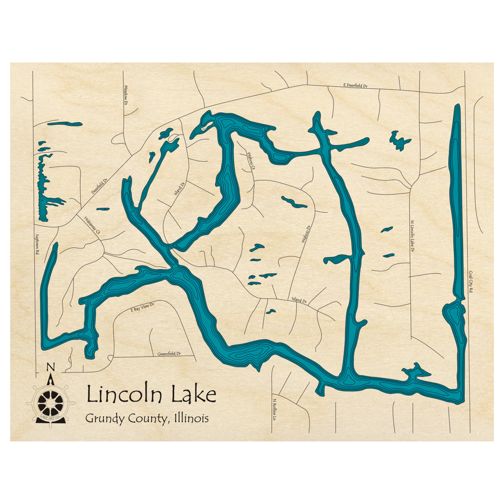 Bathymetric topo map of Lincoln Lake, IL with roads, towns and depths noted in blue water.
