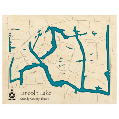 Bathymetric topo map of Lincoln Lake, IL with roads, towns and depths noted in blue water.