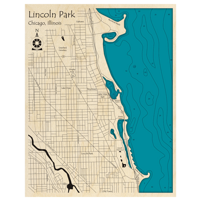 Bathymetric topo map of Lincoln Park on Lake Michigan, IL with roads, towns and depths noted in blue water.