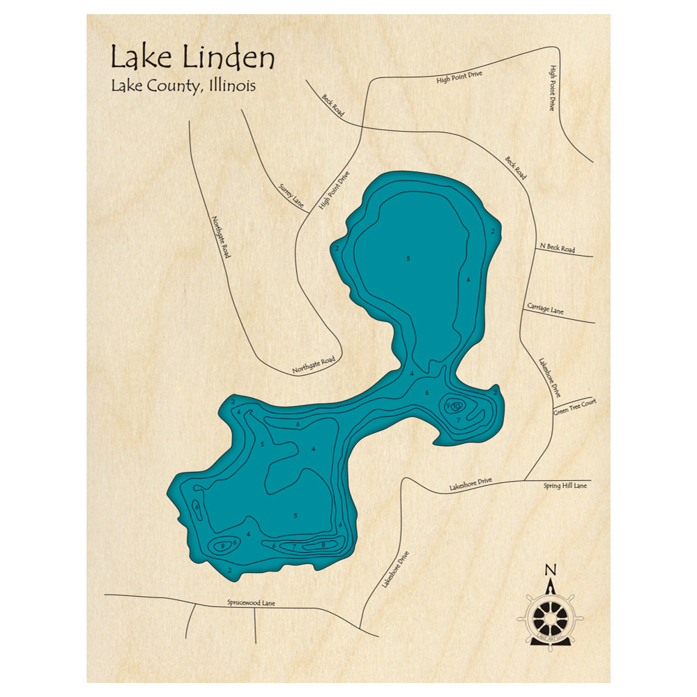 Bathymetric topo map of Lake Linden, IL with roads, towns and depths noted in blue water.