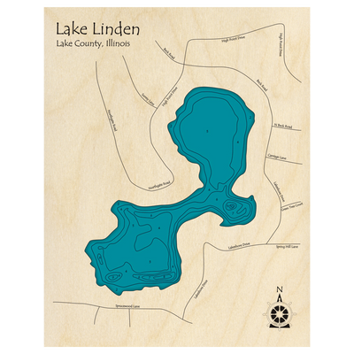 Bathymetric topo map of Lake Linden, IL with roads, towns and depths noted in blue water.