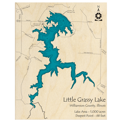 Bathymetric topo map of Little Grassy Lake, IL with roads, towns and depths noted in blue water.