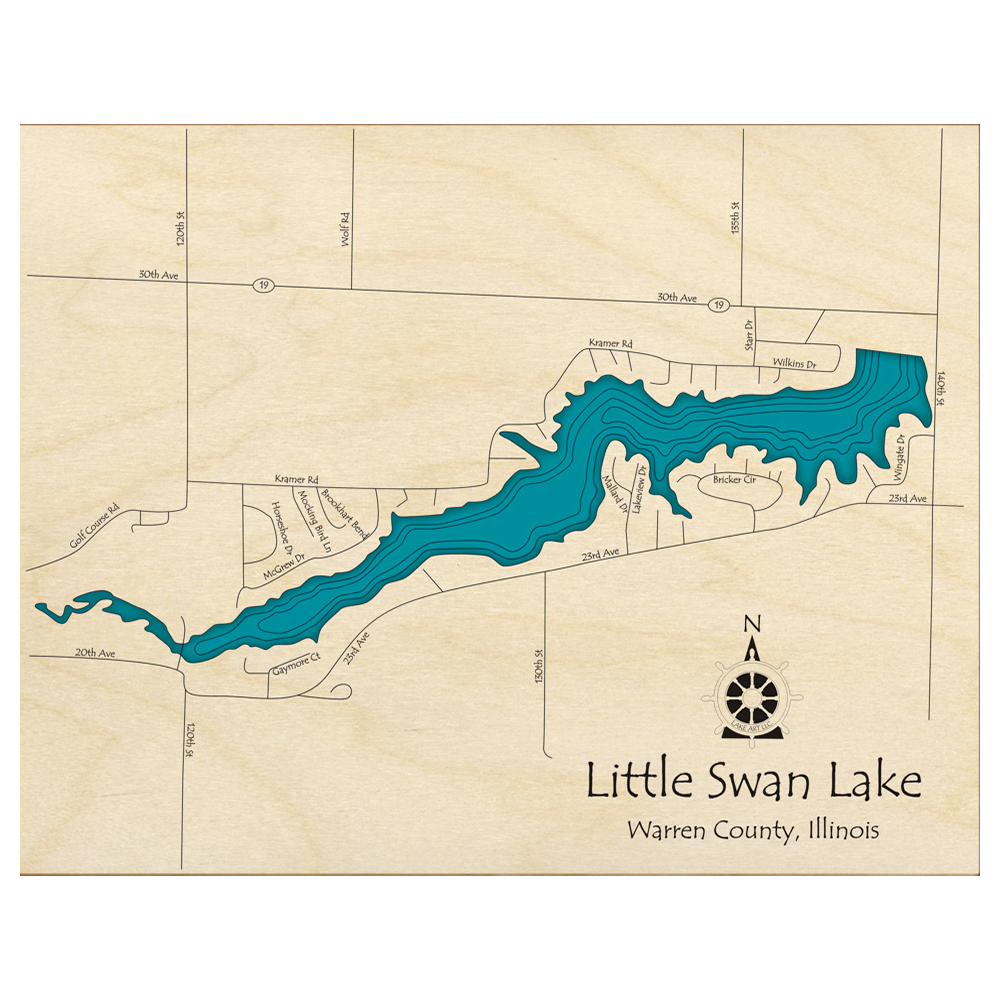 Bathymetric topo map of Little Swan Lake, IL with roads, towns and depths noted in blue water.