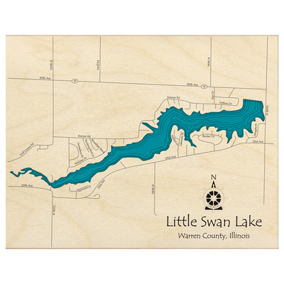 Bathymetric topo map of Little Swan Lake, IL with roads, towns and depths noted in blue water.