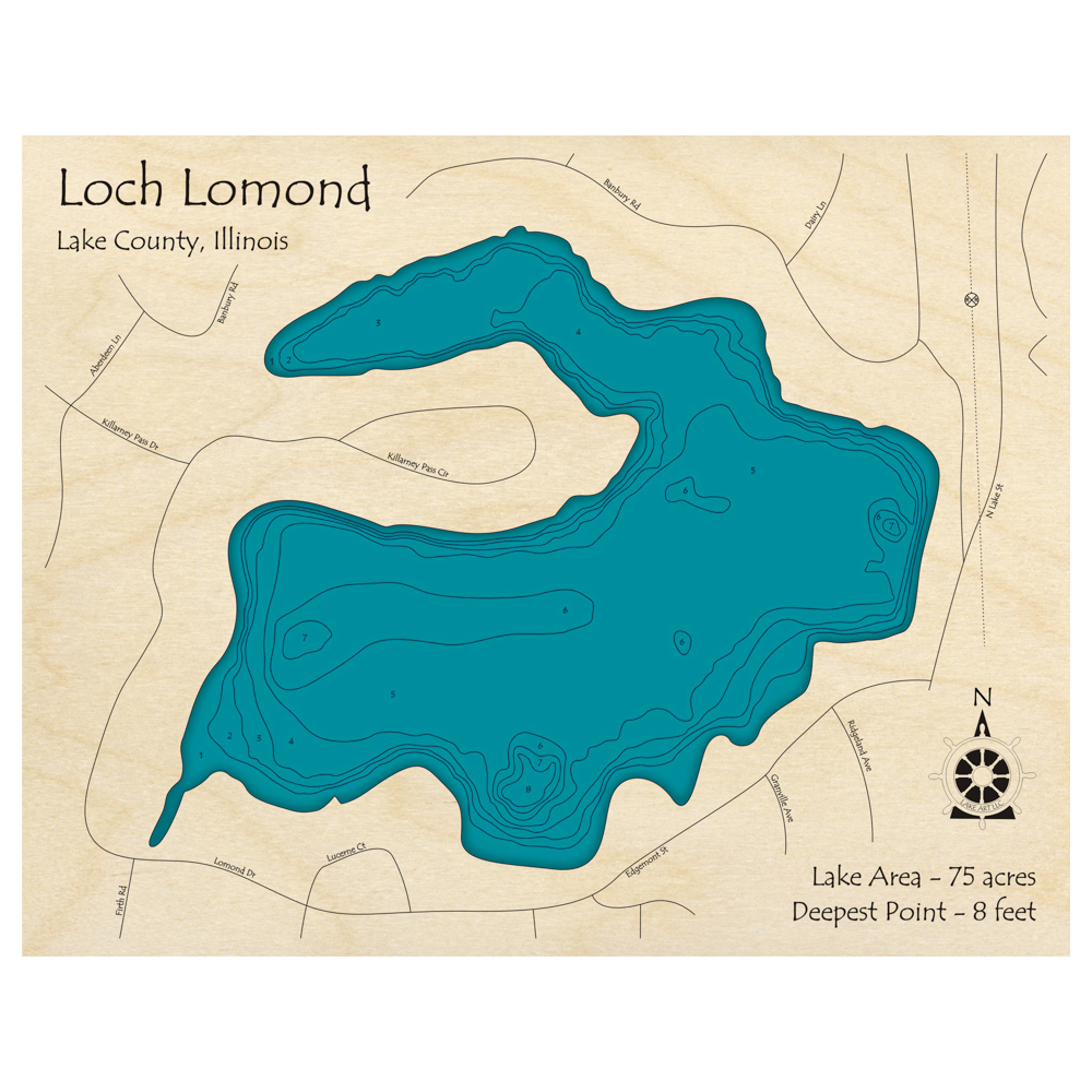 Bathymetric topo map of Loch Lomond, IL with roads, towns and depths noted in blue water.