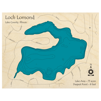 Bathymetric topo map of Loch Lomond, IL with roads, towns and depths noted in blue water.